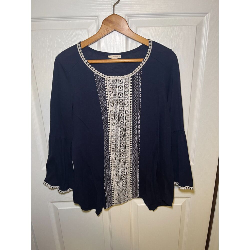 Tru Self Womens 2X Navy Lace Crochet Bell Sleeve Boho Peasant Top